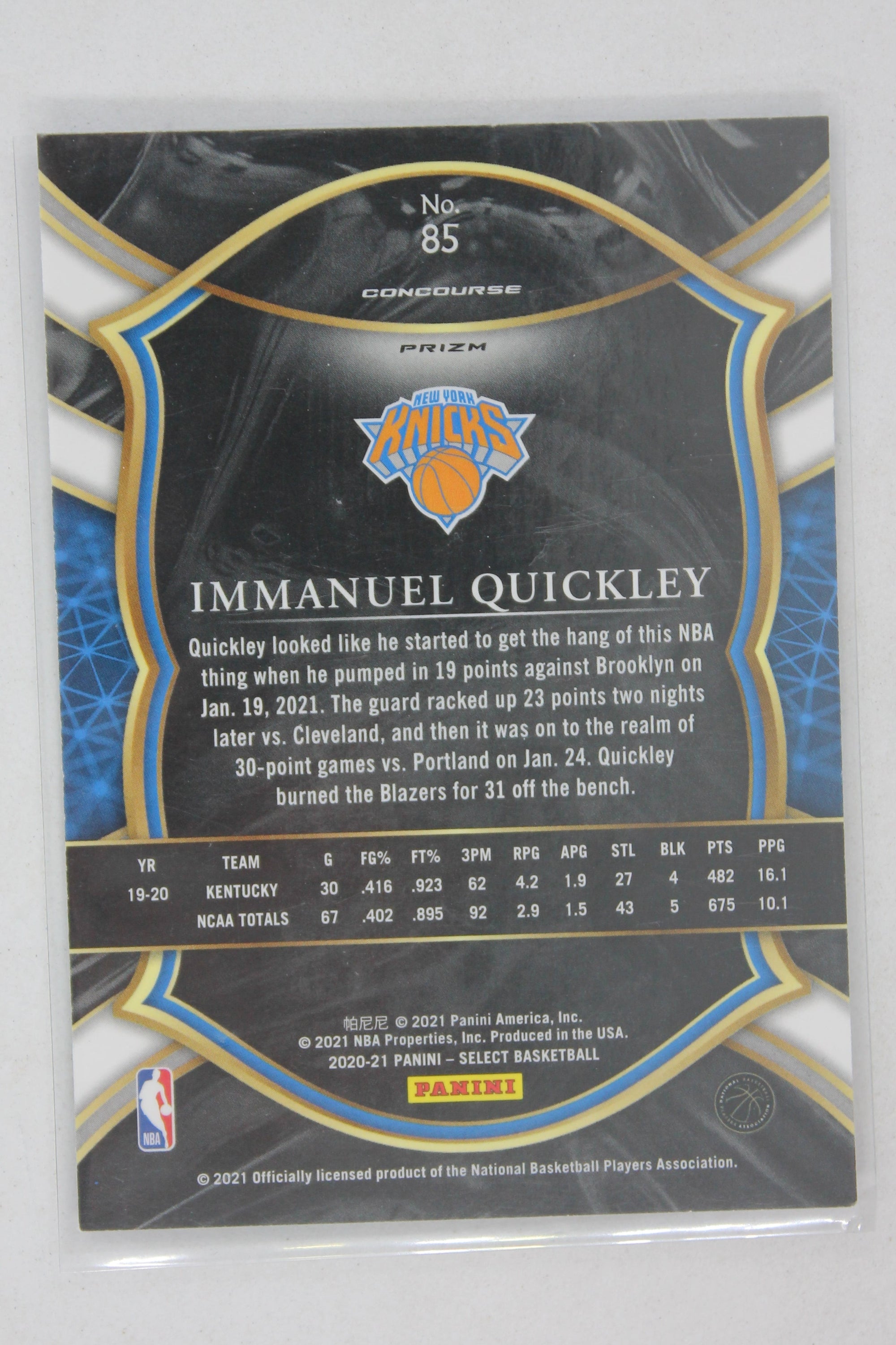 Immanuel Quickley 2020-21 Panini Select - Blue White Purple Cracked Ice Prizm Concourse Rookie Card