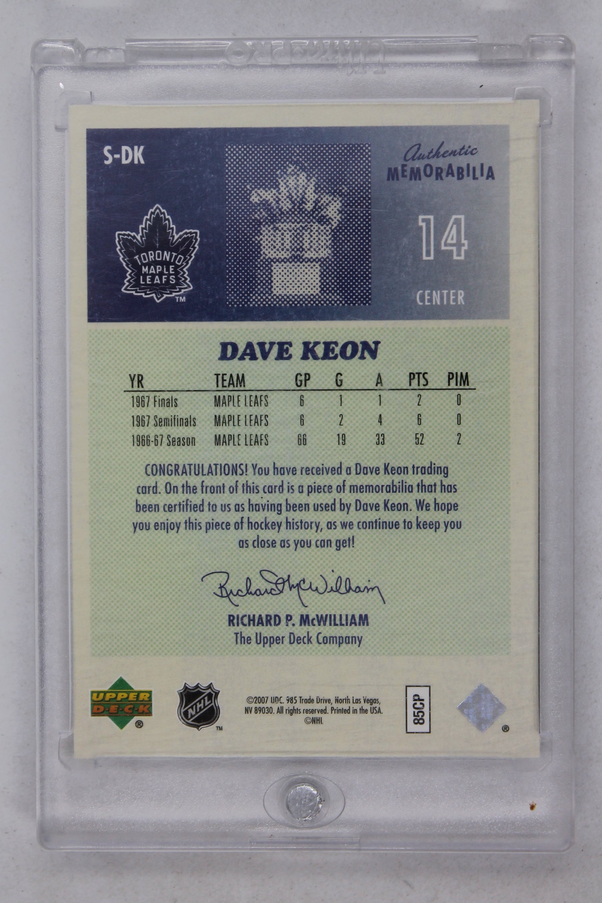 Dave Keon 2006-07 Upper Deck - 67 Maple Leafs Game-Used Stick Card