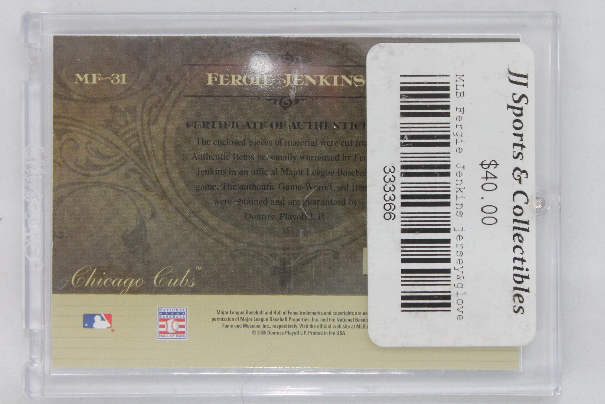 Fergie Jenkins 2005 Absolute Memorabilia Marks of Fame Swatch (Glove & Pants)