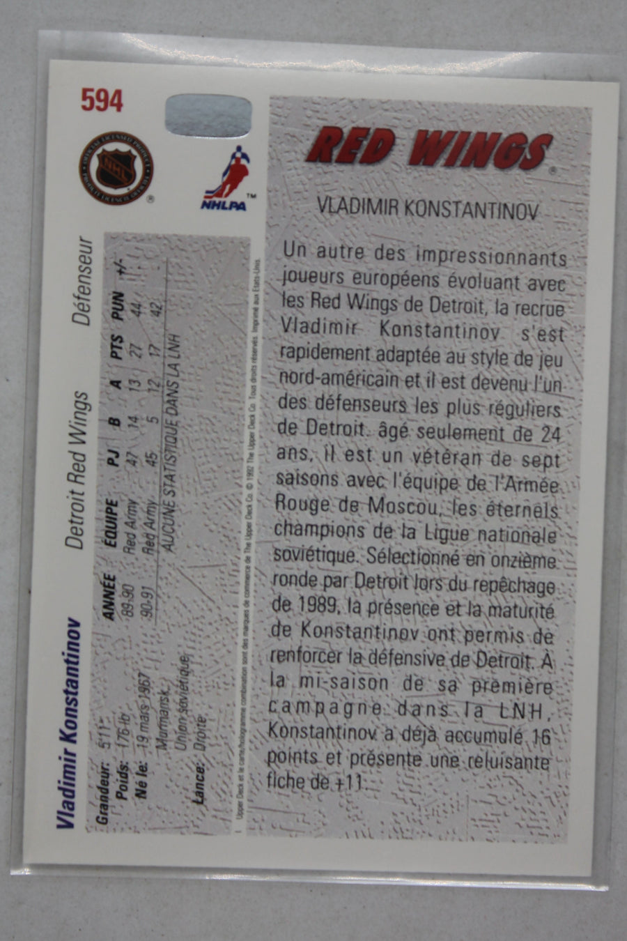 Vladimir Konstantinov 1991-92 Upper Deck Young Guns Rookie Card (French)