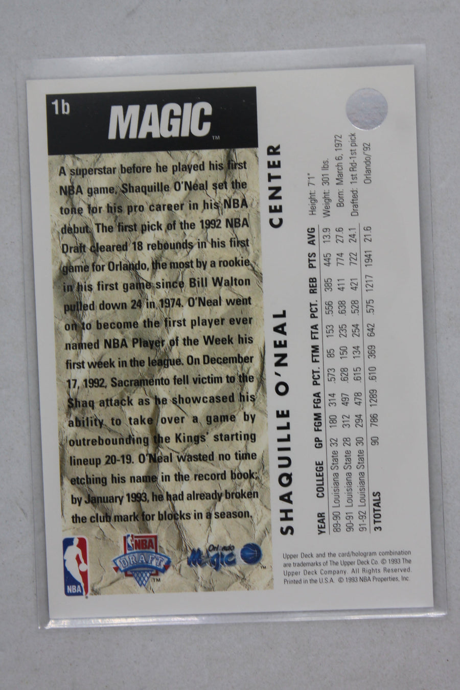 Shaquille O'Neal Upper Deck Trade Card Rookie Card #1b