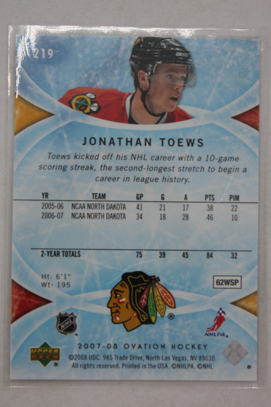 Jonathan Toews 2007-08 Upper Deck Ovation Rookie Card