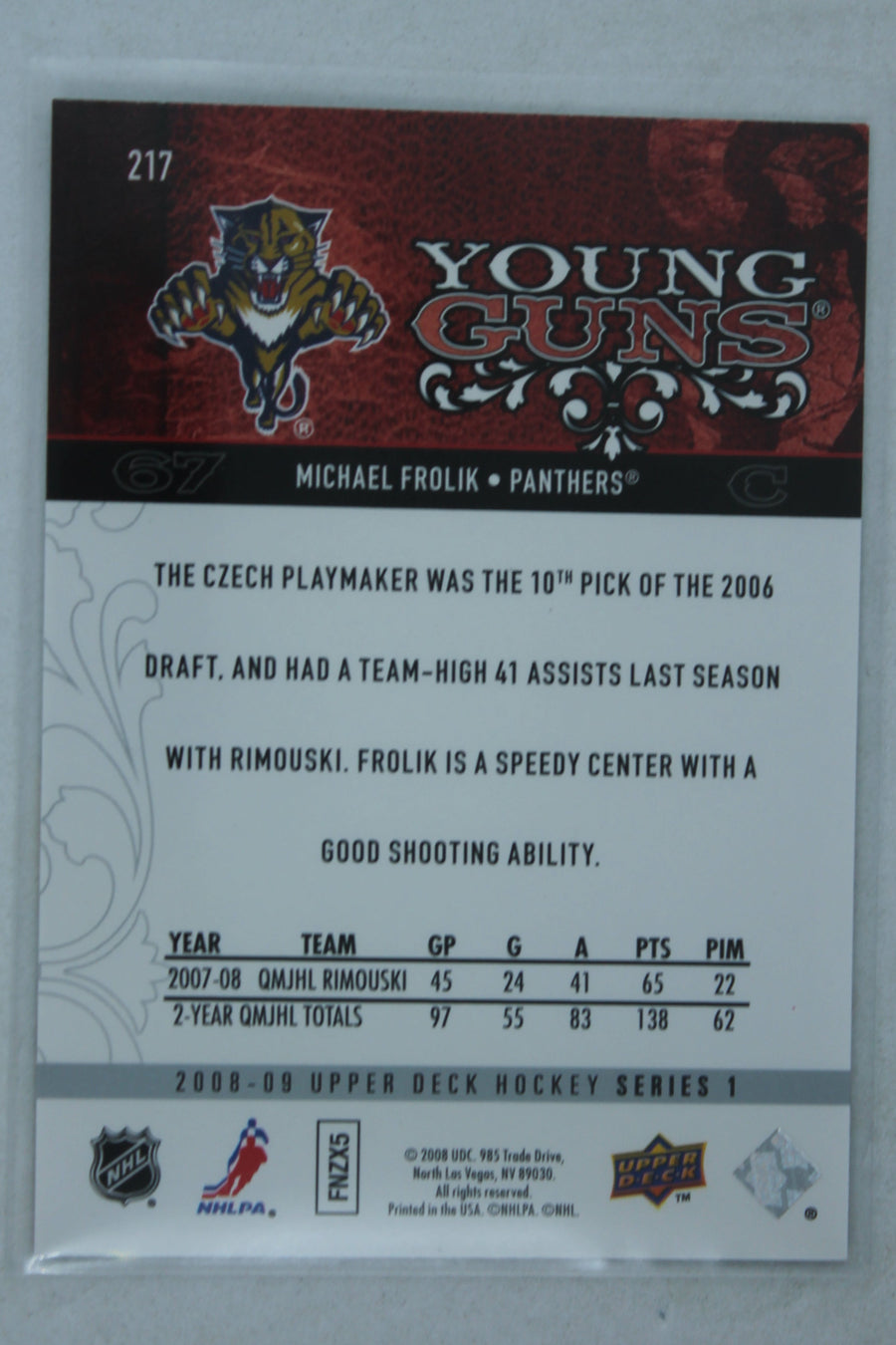 Michael Frolik 2008-09 Upper Deck Young Guns Rookie Card