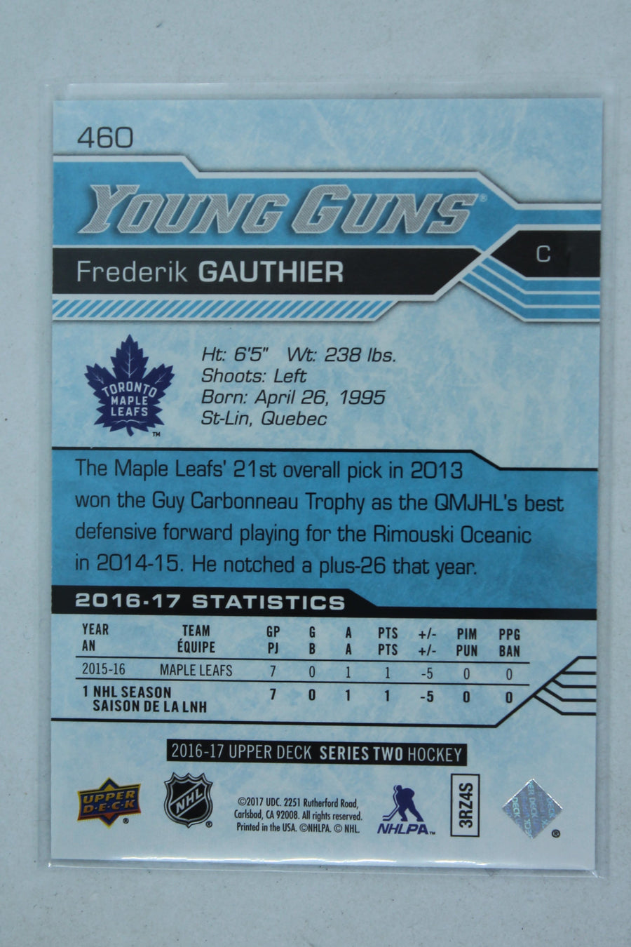 Frederik Gauthier 2016-17 Upper Deck Young Guns Rookie Card