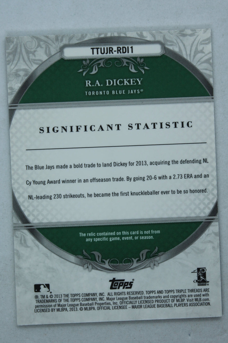 R.A. Dickey 2013 Topps Triple Threads - Unity Jumbo Relics - Bat Card #16/18