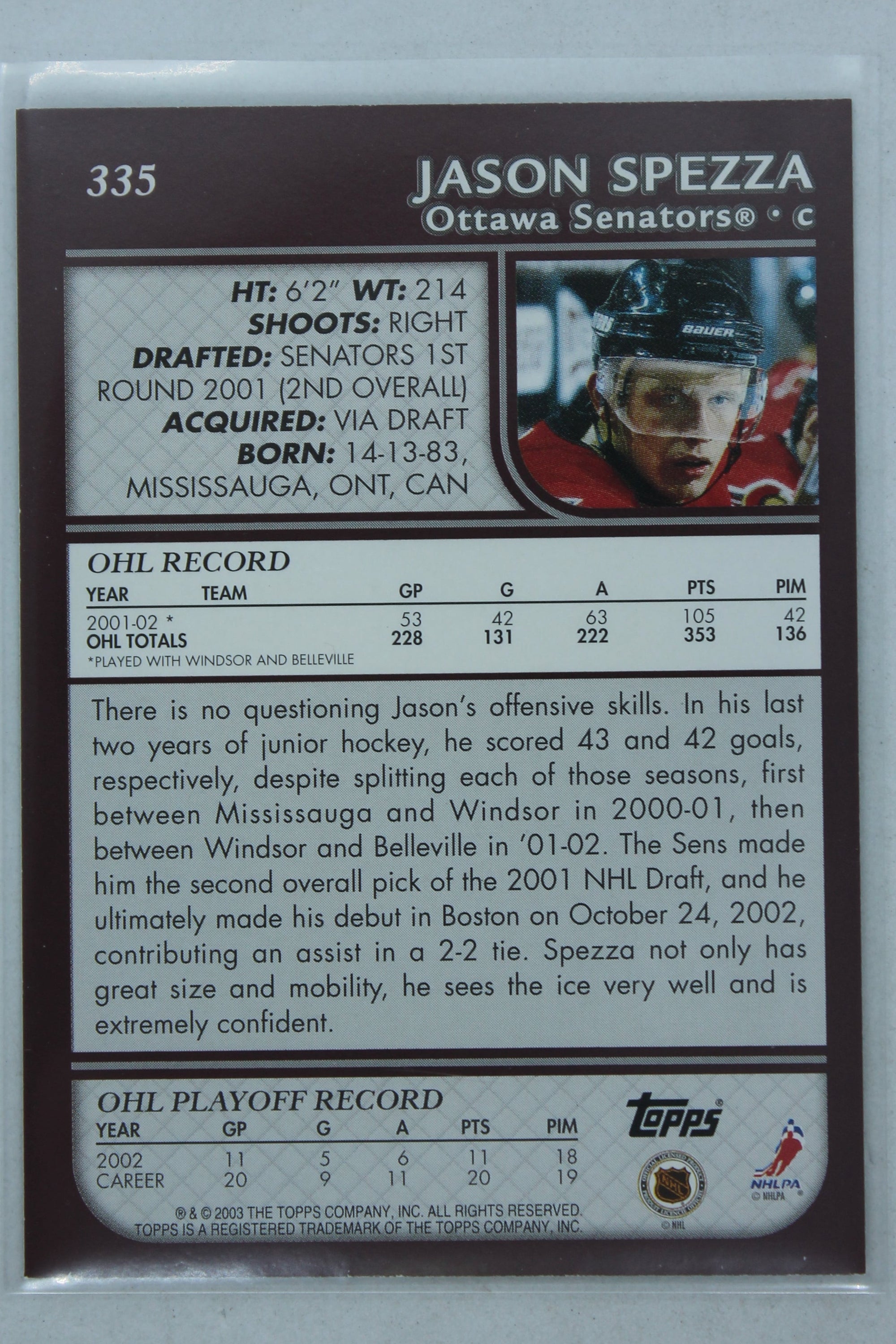 Jason Spezza 2002-03 Topps Rookie Card