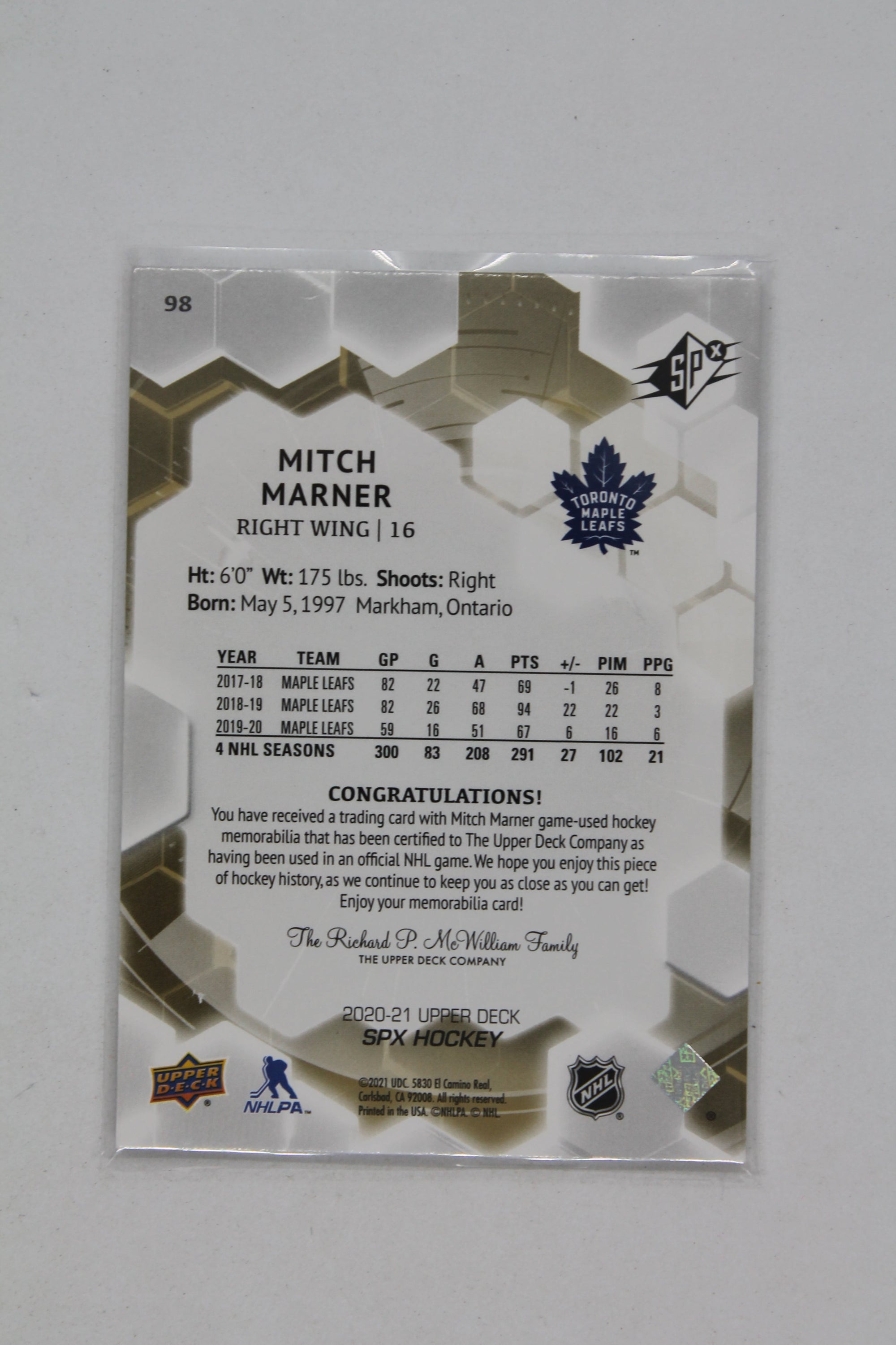 Mitch Marner 2020-21 SPX Jersey Card