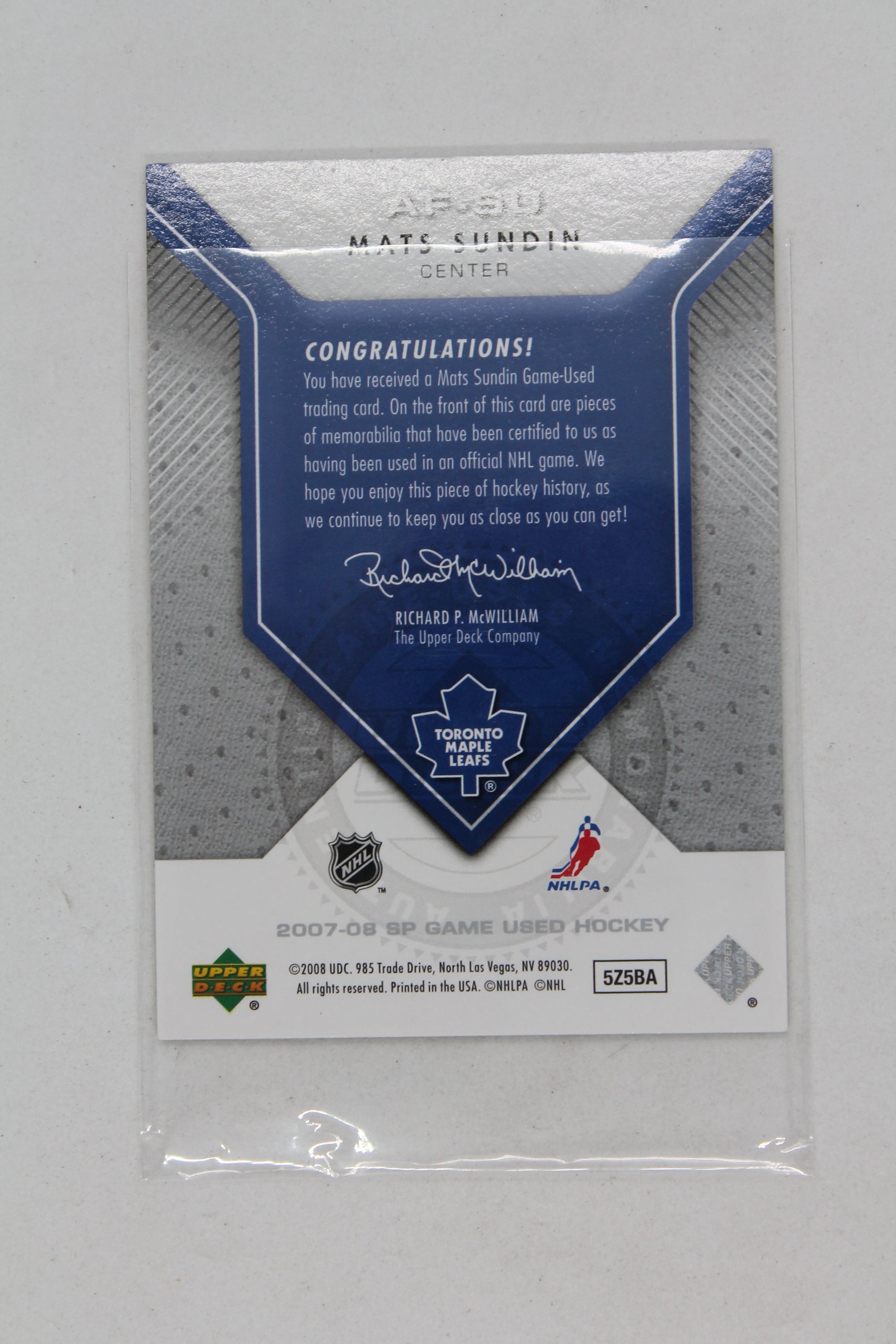Mats Sundin 2007-08 SP Game Used Edition - Authentic Fabrics #AF-SU Jersey Card
