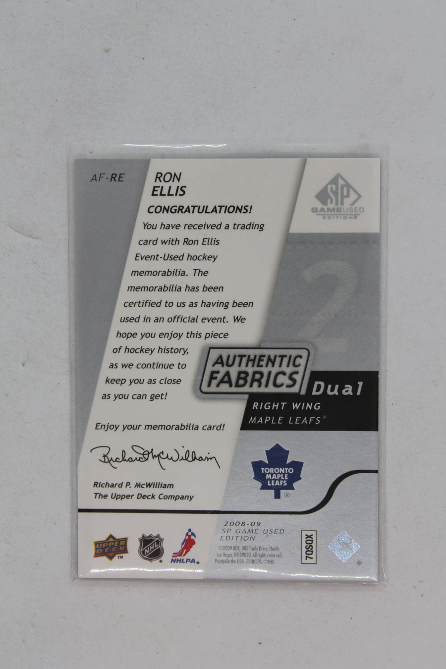 Ron Ellis 2008-09 SP Game Used Edition - Authentic Fabrics Dual #AF-RE Jersey Card - Toronto Maple Leafs