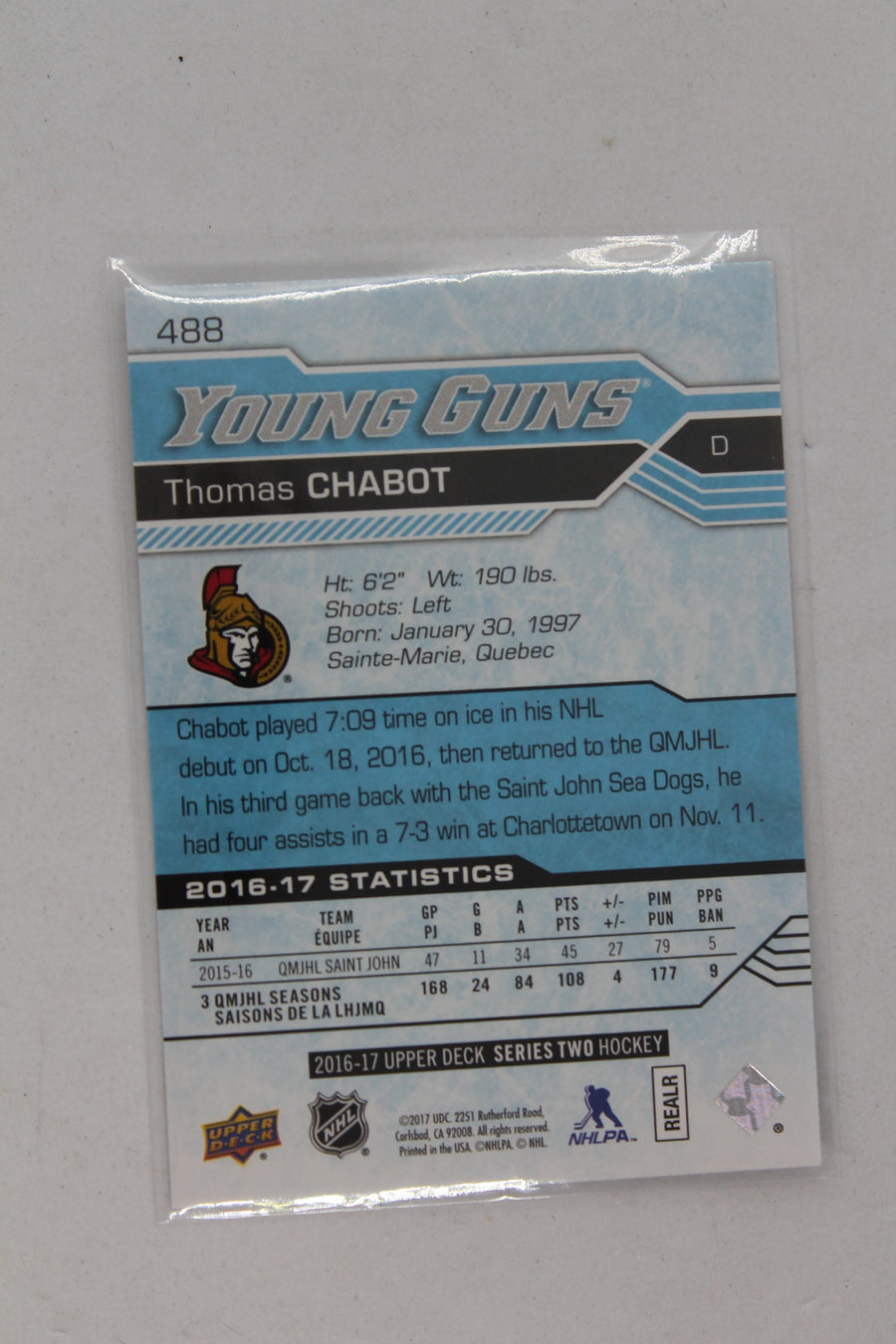 Thomas Chabot 2016-17 Upper Deck Young Guns Rookie Card