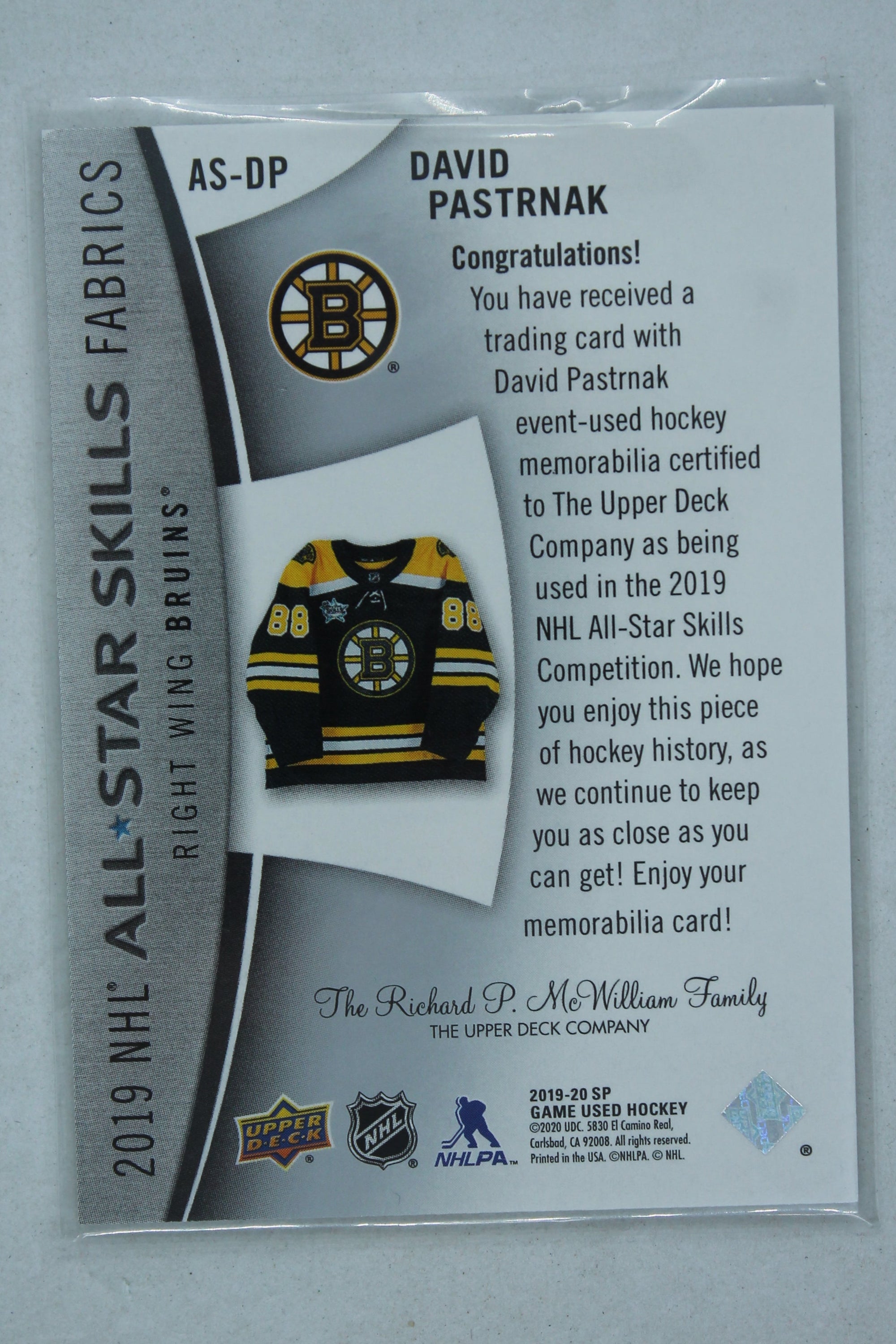 David Pastrnak 2019-20 Upper Deck SP Game Used - 2019 All-Star Skills Fabrics Jersey Card
