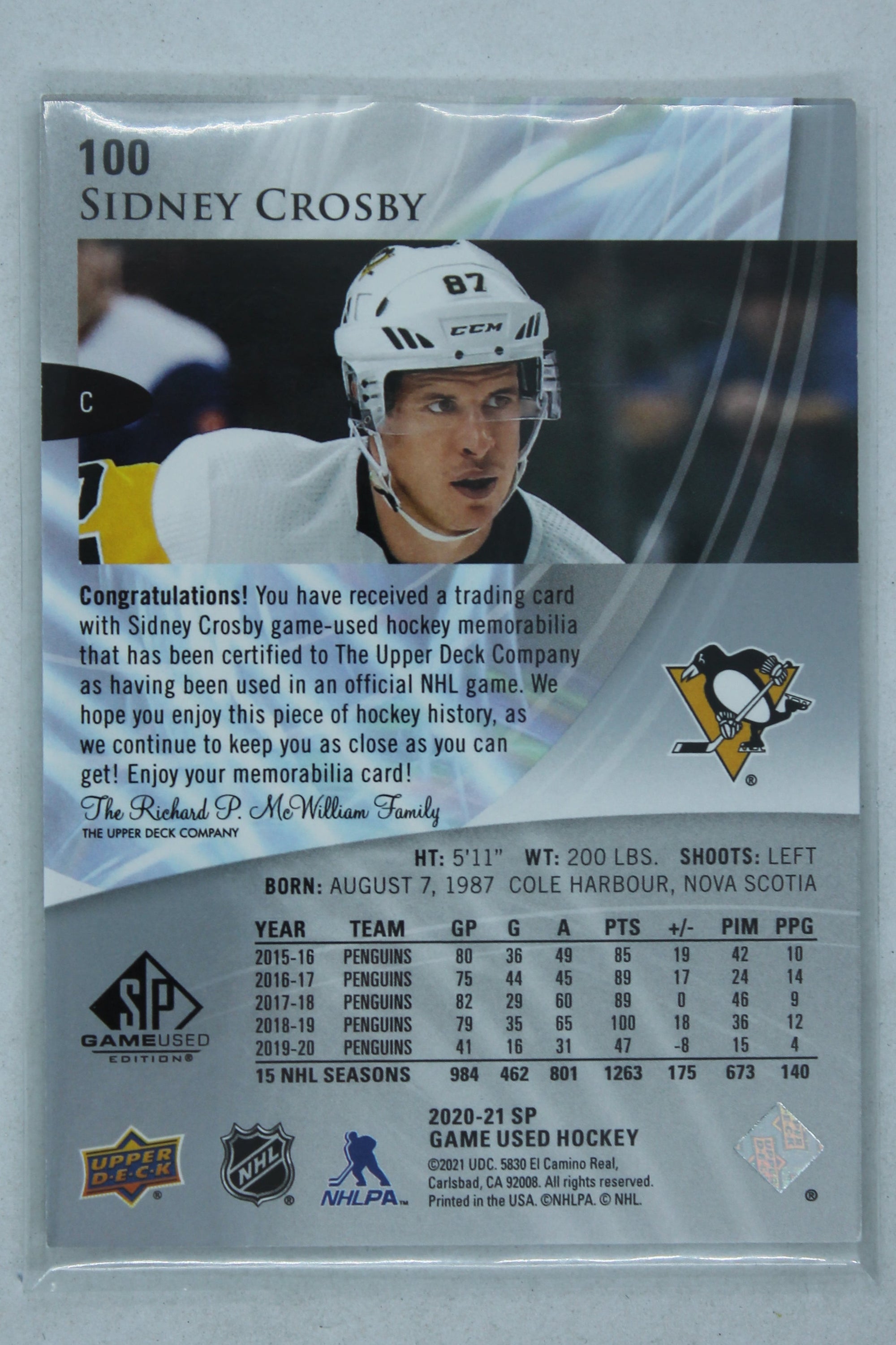Sidney Crosby 2020-21 Upper Deck SP Game Used Jersey Card