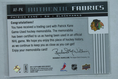 Patrick Kane 2011-12 SP Game Used Edition - Authentic Fabrics - Patch #AF-PK Patrick Kane #060/100 Chicago Blackhawks Jersey Card