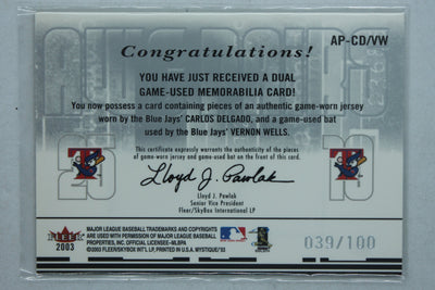CARLOS DELGADO & VERNON WELLS 2003 FLEER MYSTIQUE GAME USED JERSEY / BAT CARD