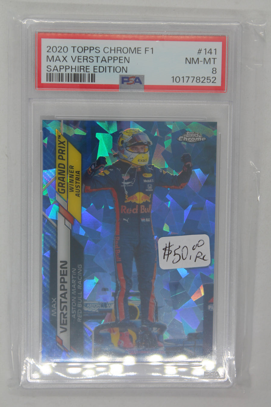 Max Verstappen 2020 Topps Chrome Formula 1 - Grand Prix Winners - Sapphire - Rookie Card - PSA 8