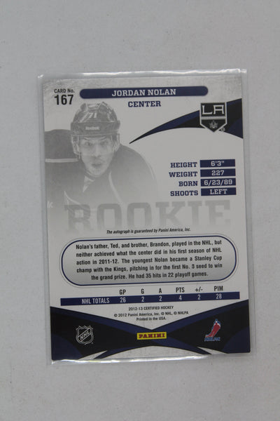 Jordan Nolan 2012-13 Panini Certified Freshman Signatures Rookie Card #811/999 - Shoresy