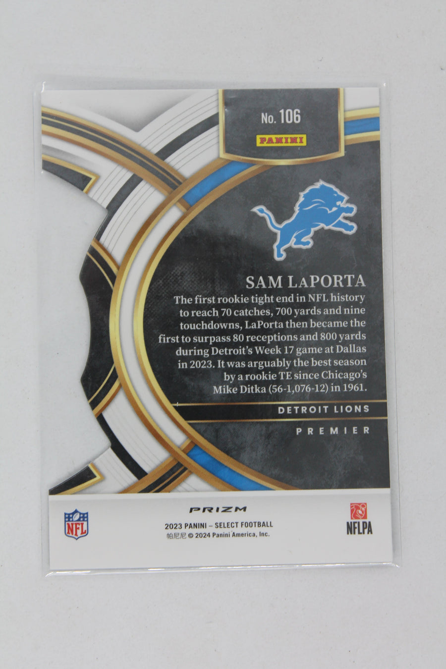 Sam LaPorta 2023 Panini Select Black & Green Prizm Die-Cut Rookie Card