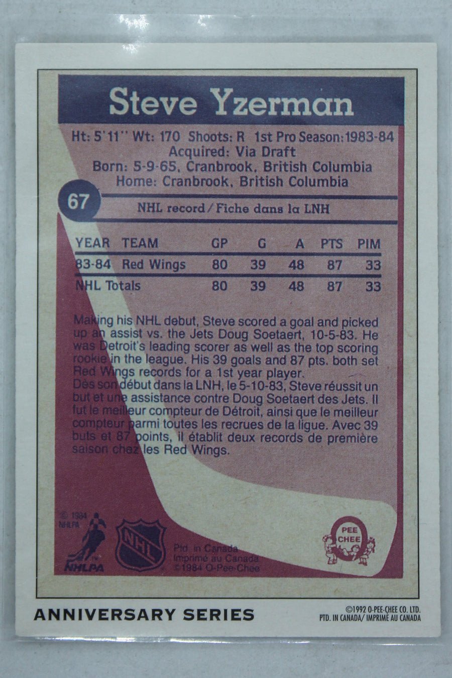 1992-93 O-PEE CHEE 25th ANNIVERSARY #67 STEVE YZERMAN ROOKIE REPRINT