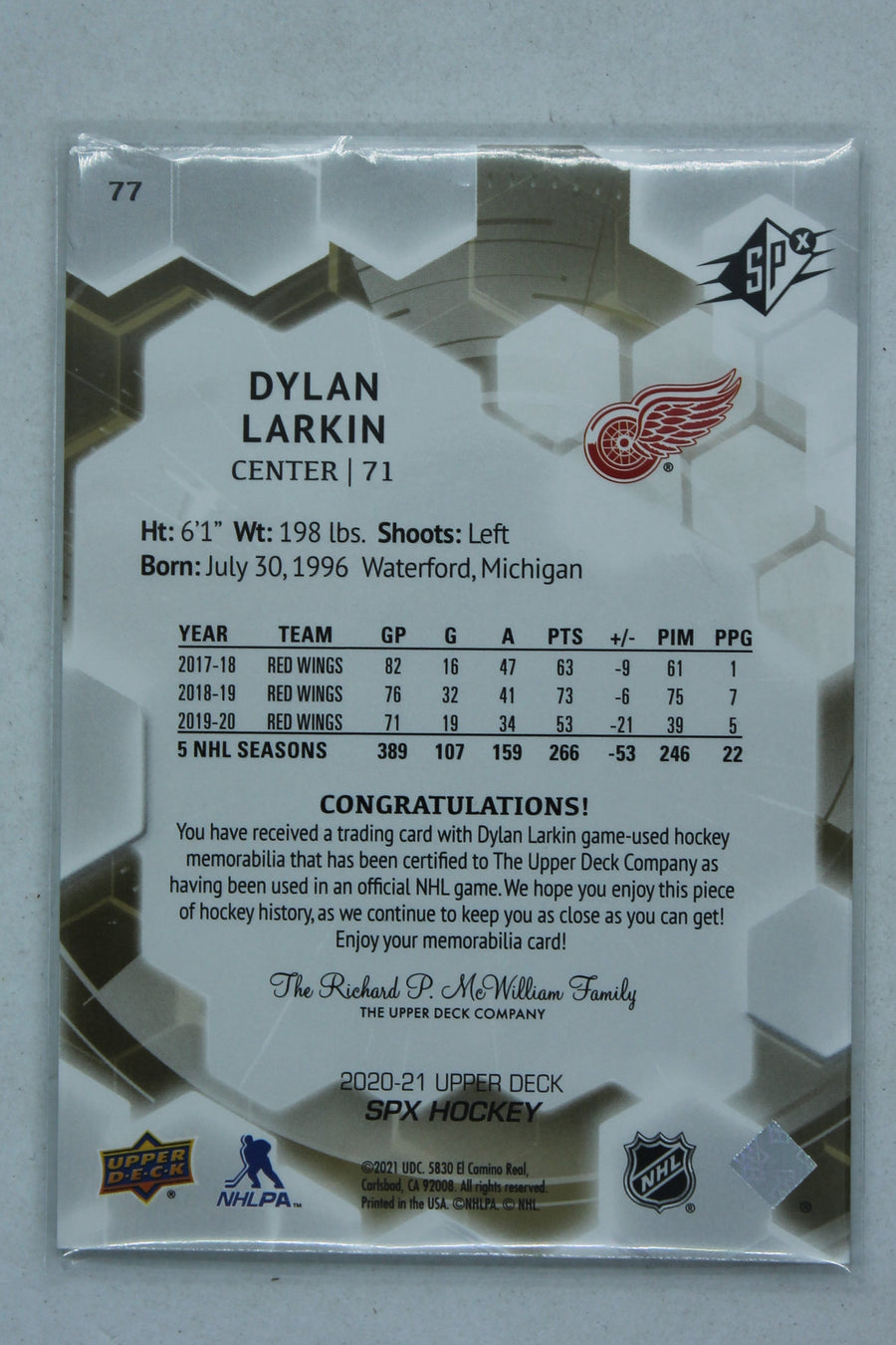 Dylan Larkin 2020-21 SPx Jersey Card