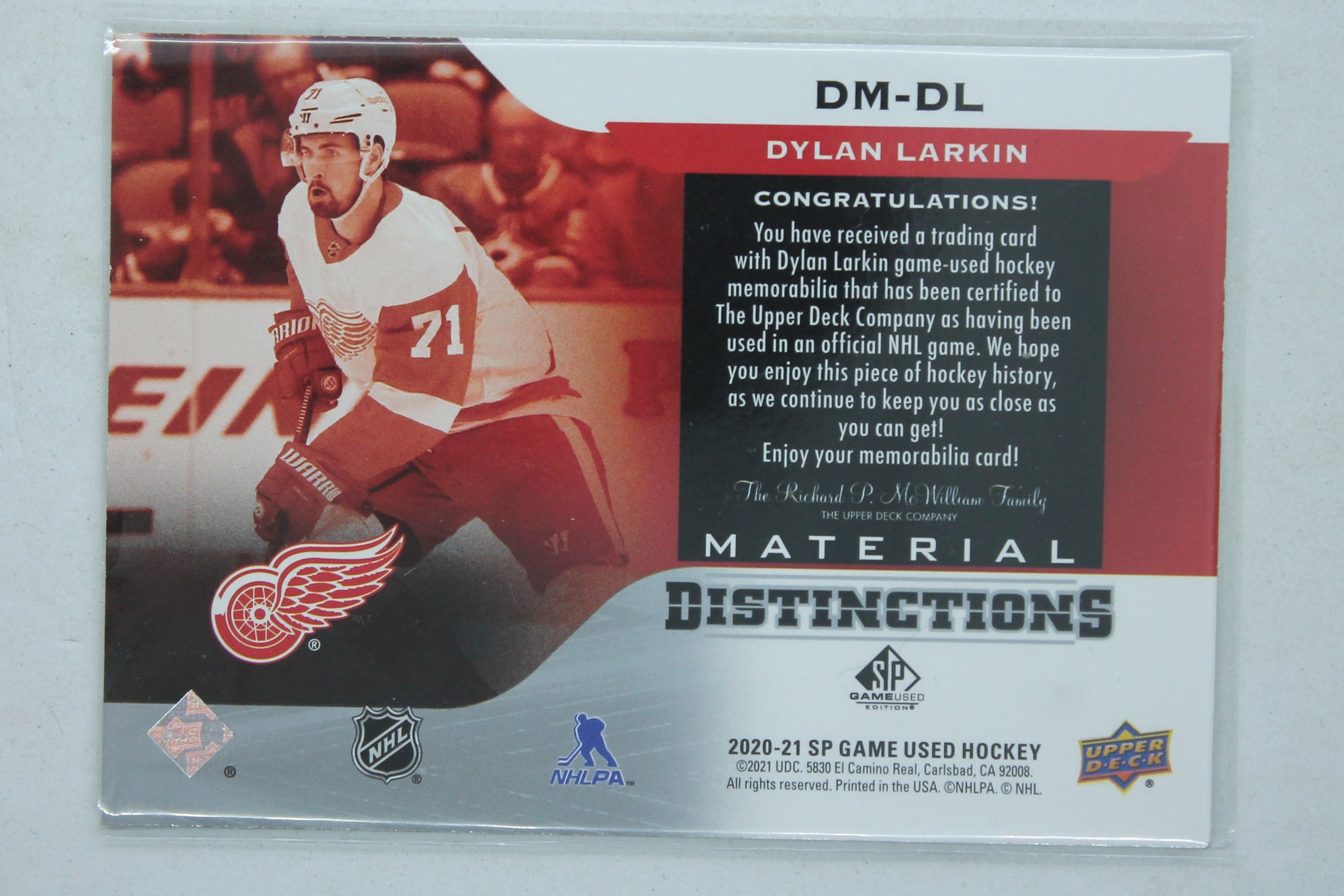 Dylan Larkin 2020-21 Upper Deck SP Game Used Jersey Card
