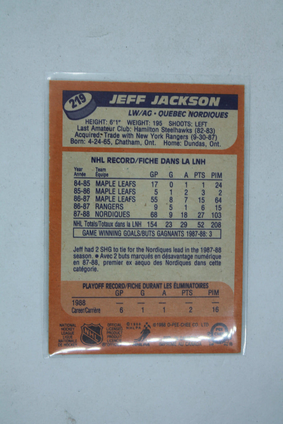 Jeff Jackson 1988-89 O-Pee-Chee Rookie Card