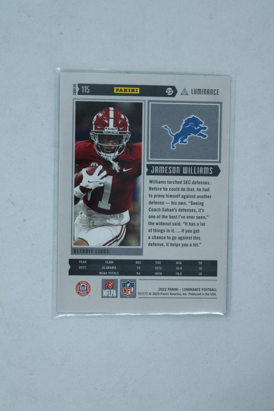 Jameson Williams 2022 Panini Luminance Gold Rookie Rookie Card