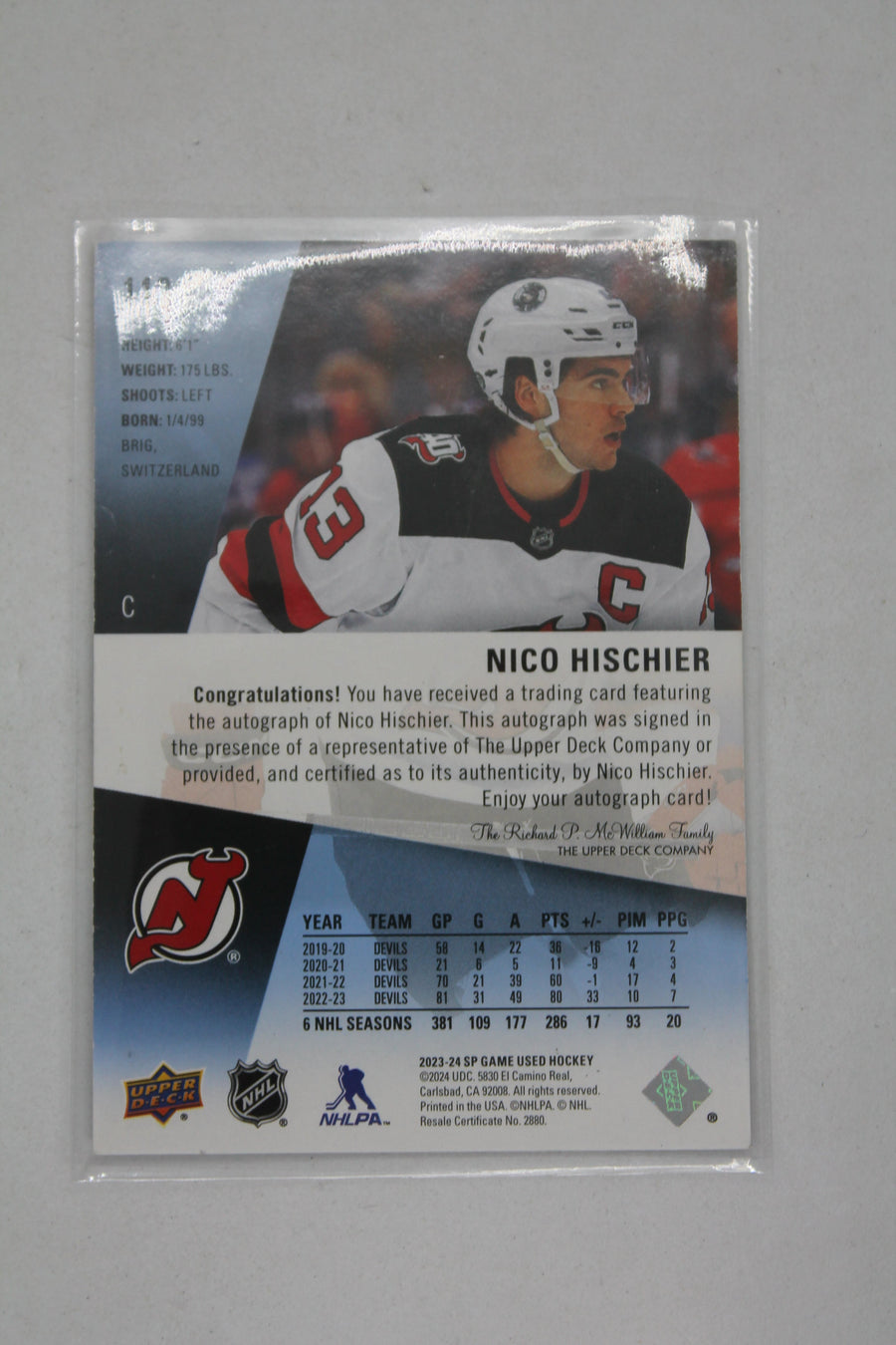 Nico Hischier 2023-24 Upper Deck SP Game Used - Autographs Autographed Card