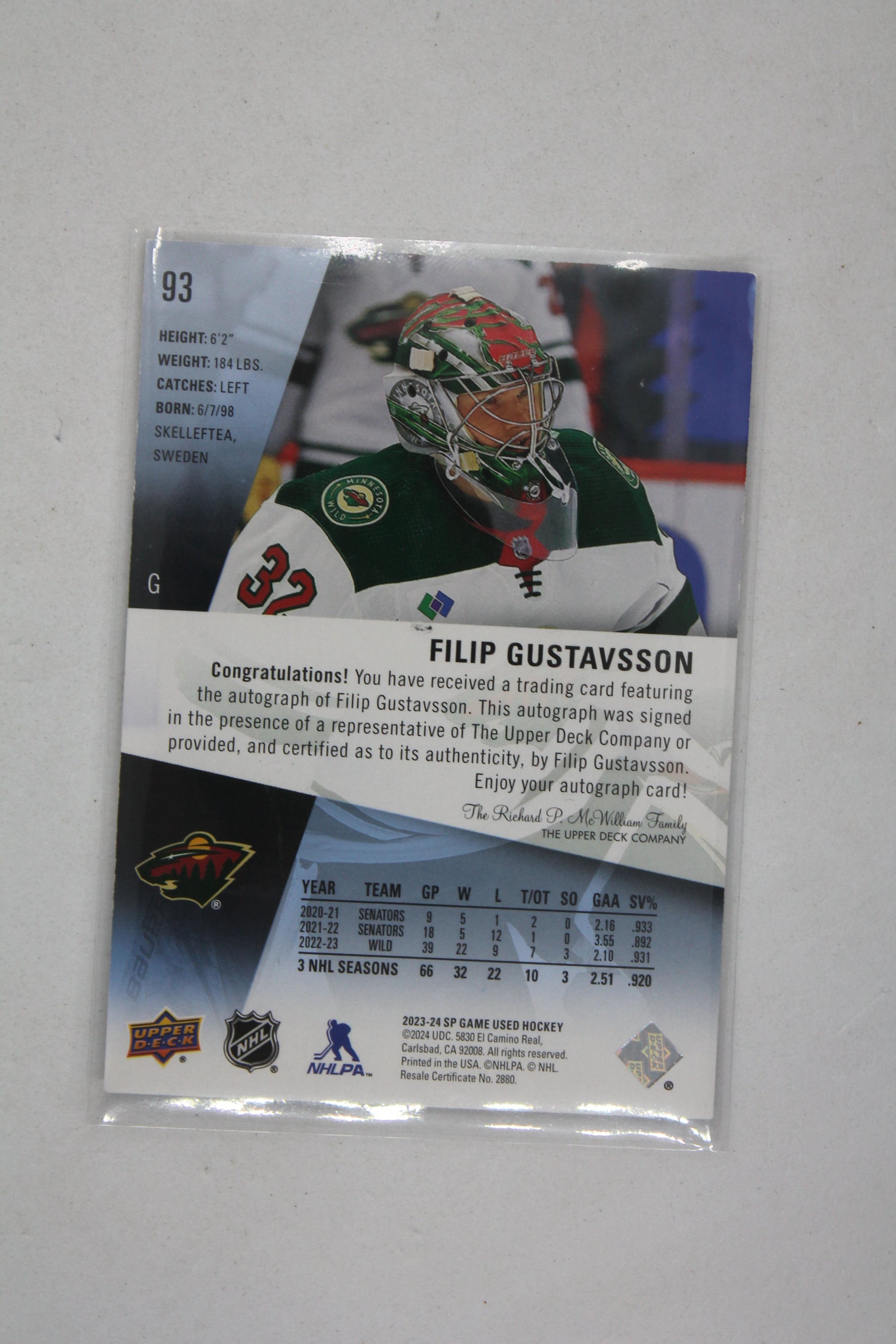 Filip Gustavsson 2023-24 Upper Deck SP Game Used - Autographs Autographed Card