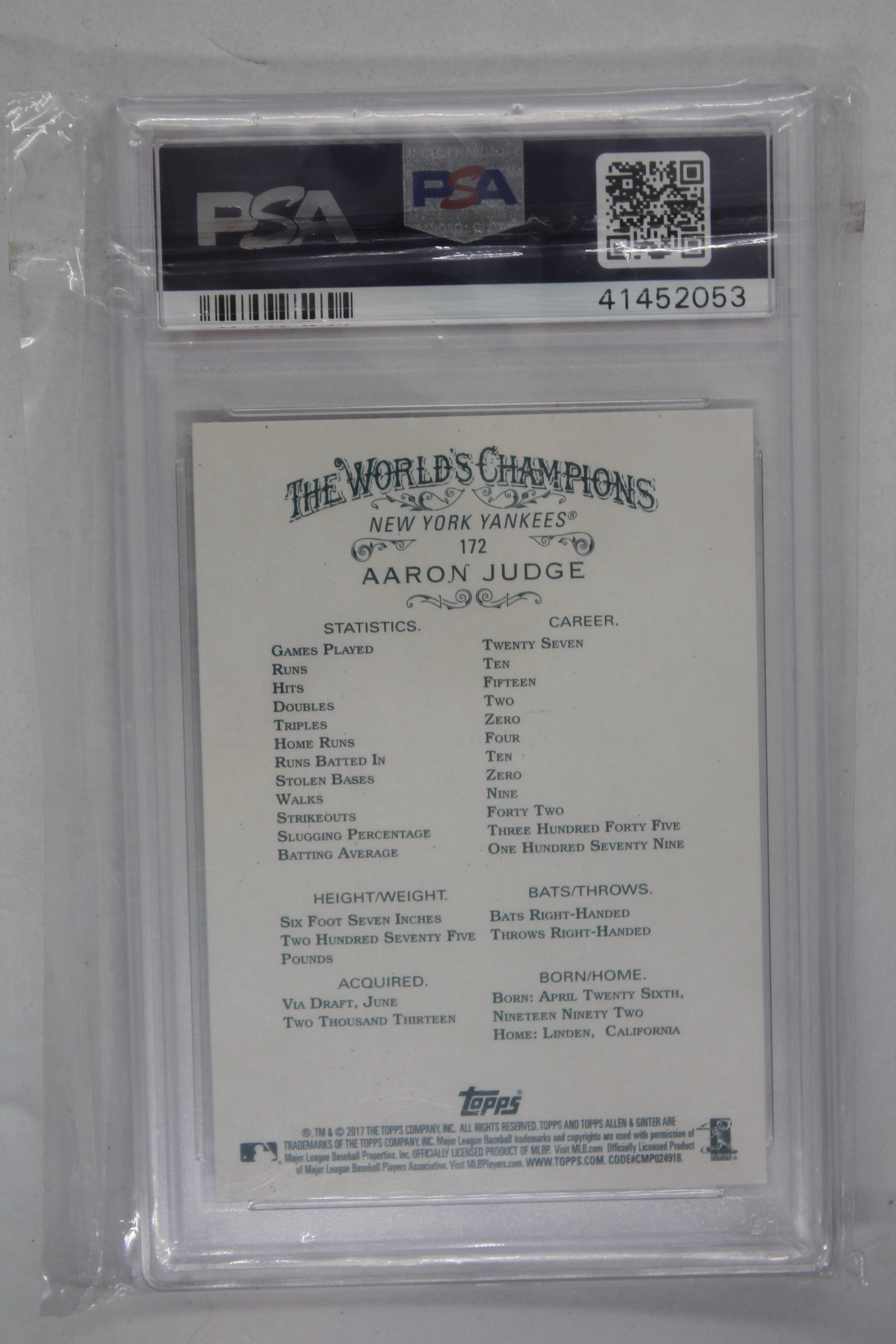 Aaron Judge Rookie Card 2017 Topps Allen & Ginter's - Graded PSA 9