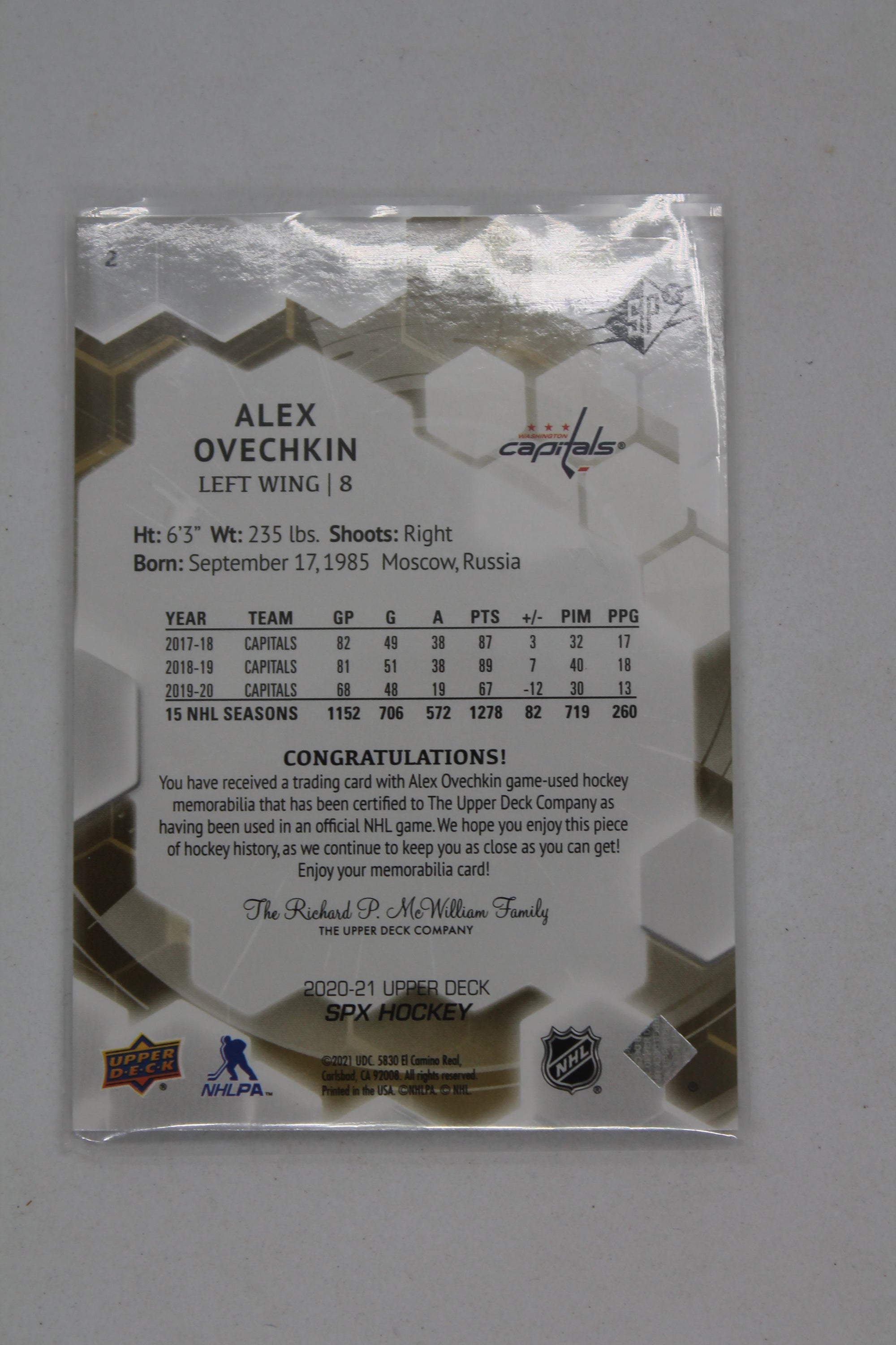 Alex Ovechkin 2020-21 SPx Game Used Jerseys #2 Jersey Card