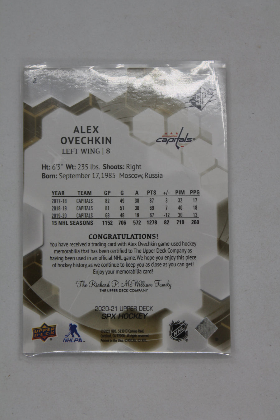 Alex Ovechkin 2020-21 SPx Game Used Jerseys #2 Jersey Card