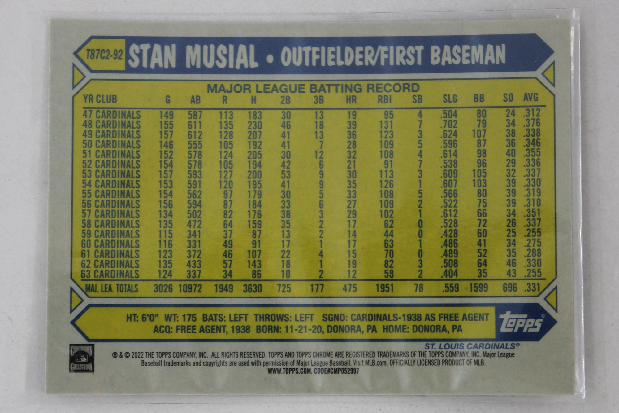 MLB St. Louis Cardinals Stan Musial 2022 Topps Series 2 - 1987 Topps Chrome Silver Pack Series 2 Mojo #T87C2-92