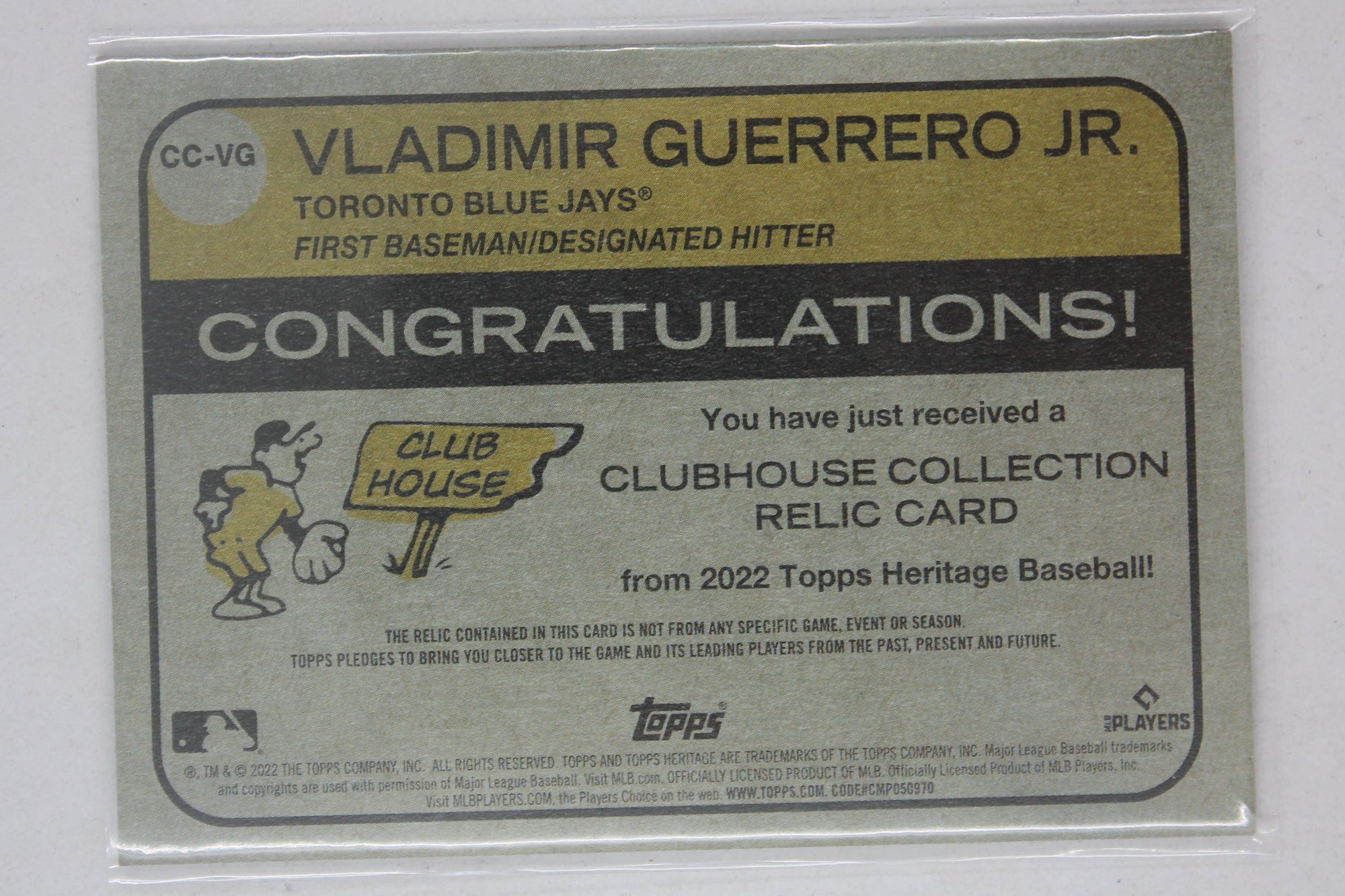 Vladimir Guerrero Jr. 2022 Topps Heritage - Clubhouse Collection Relics Jersey Card