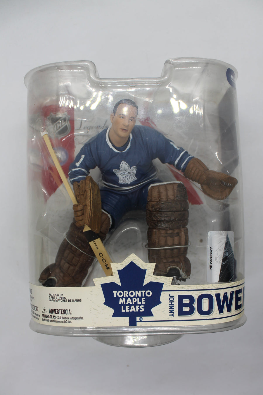 Johnny Bower MCFARLANE - NHL Legends 6 - LEAFS - Blue JERSEY - some clamshell yellowing