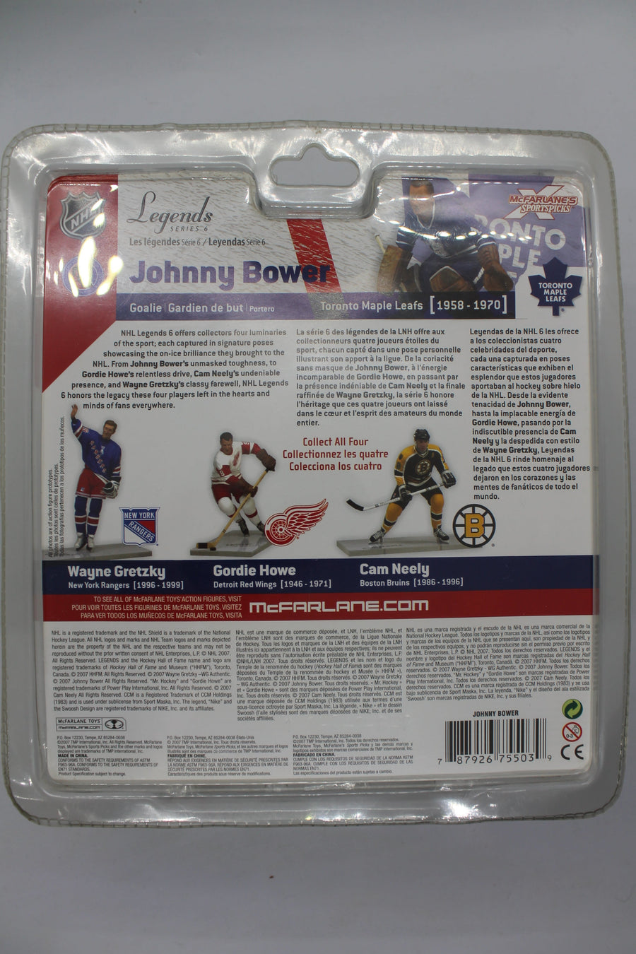 Johnny Bower MCFARLANE - NHL Legends 6 - LEAFS - Blue JERSEY - some clamshell yellowing