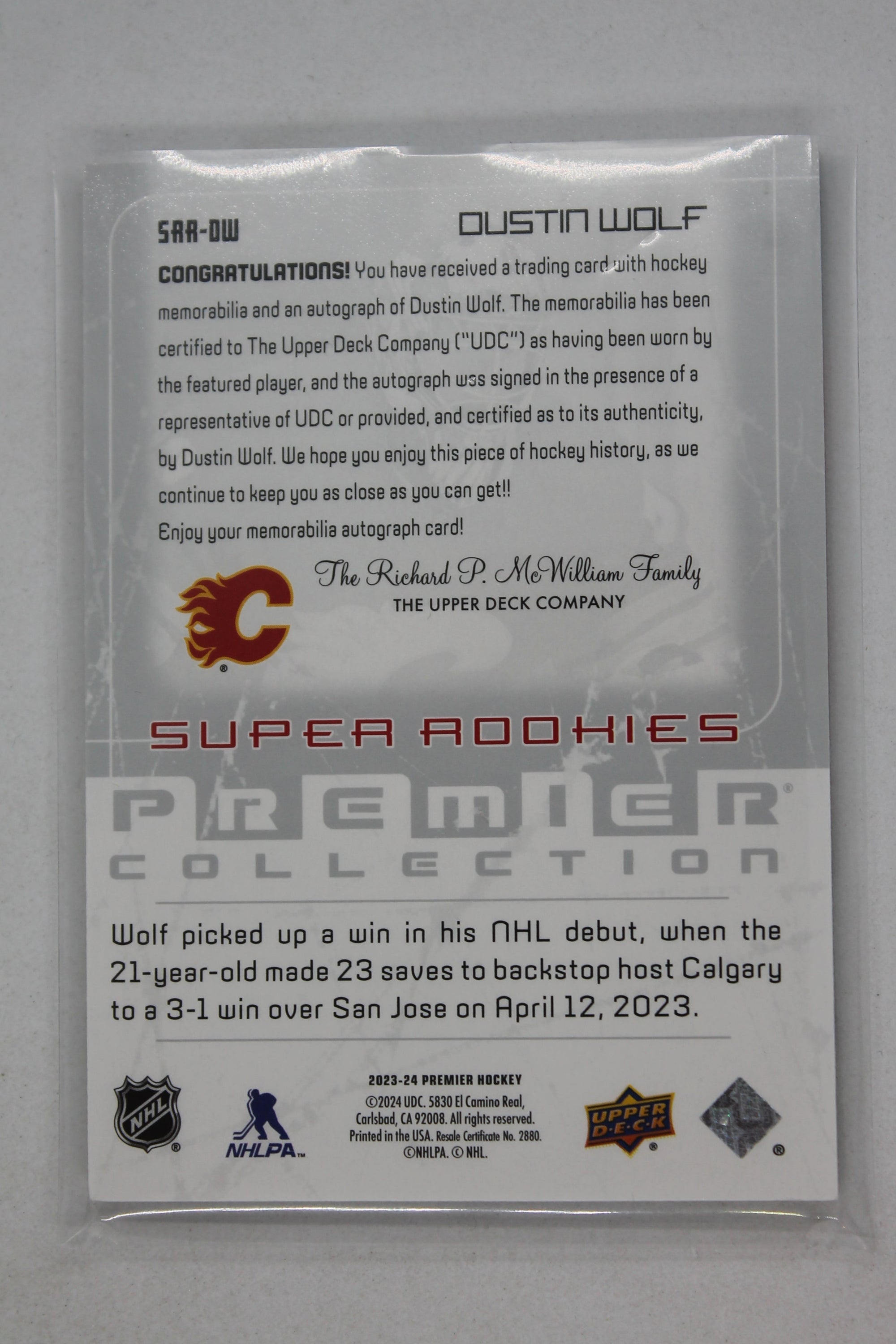 2023 Premier Dustin Wolf 2003 Rookie Patch Auto 06/99 #SRR-DW Calgary Flames