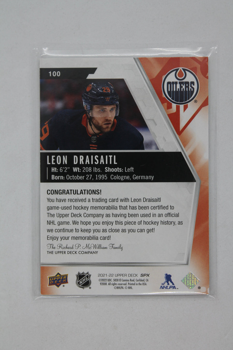 2021-22 UD SPX Leon Draisaitl Jersey Card #100
