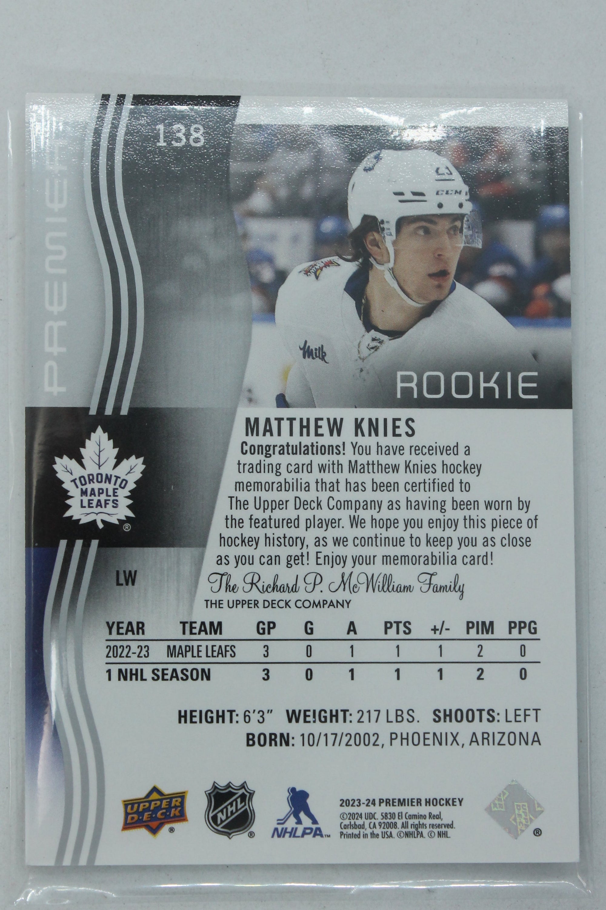 Matthew Knies 2023-24 Upper Deck Premier Jersey Rookie Card