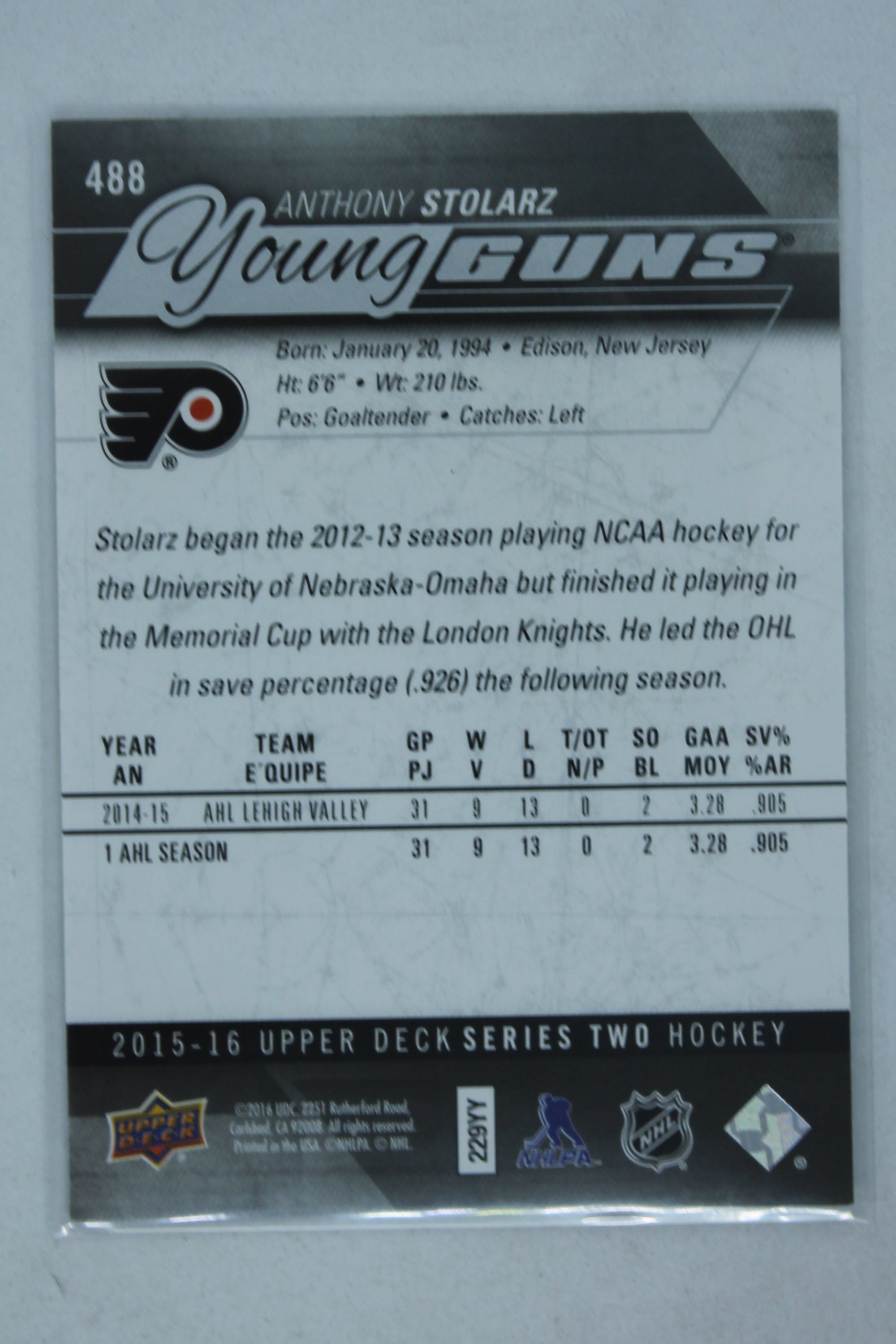 Anthony Stolarz 2015-16 Upper Deck Young Guns - Rookie Card