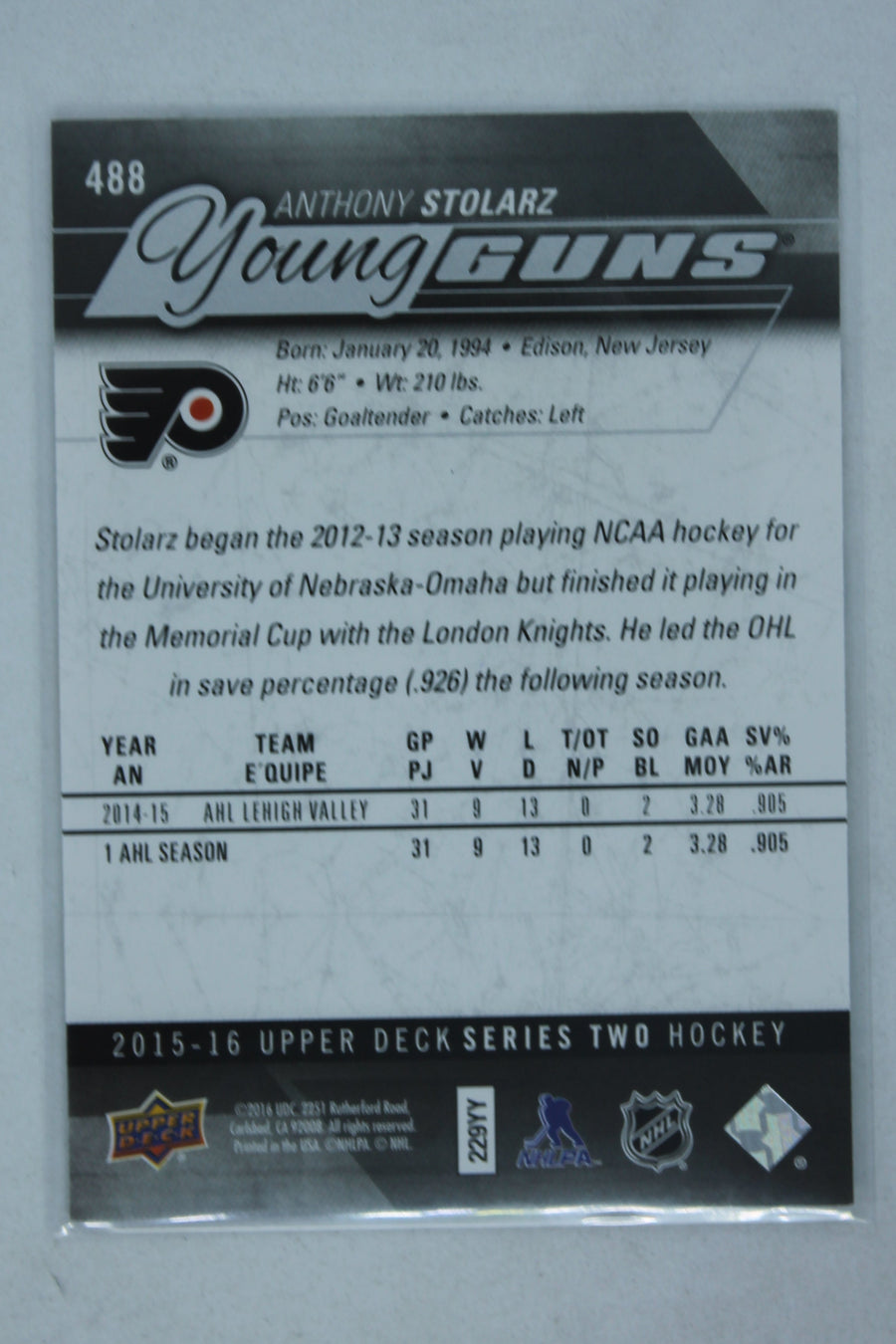 Anthony Stolarz 2015-16 Upper Deck Young Guns - Rookie Card