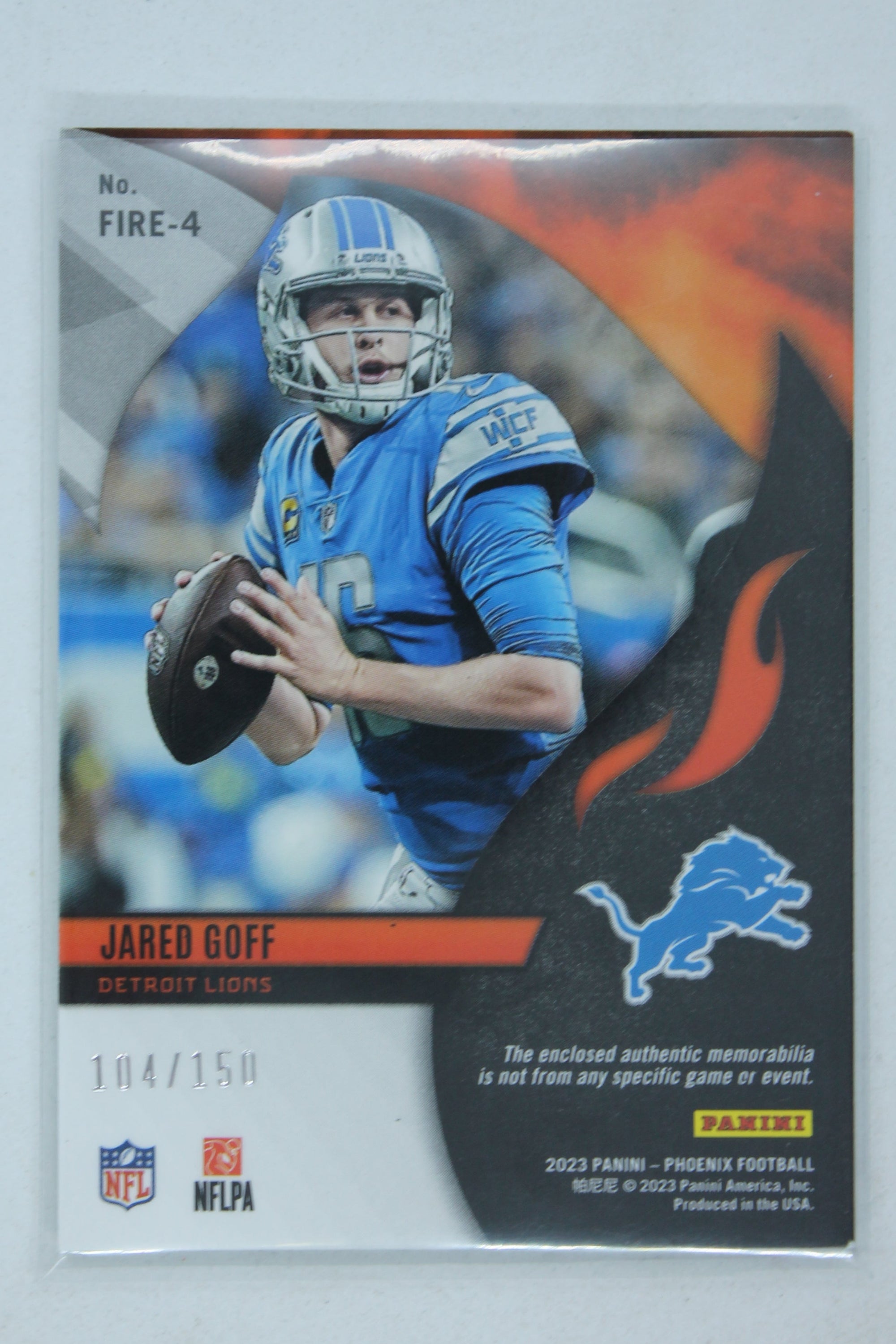 Jared Goff 2023 Panini Phoenix - Fire Fabrics - #FIRE 4 Card #104/150