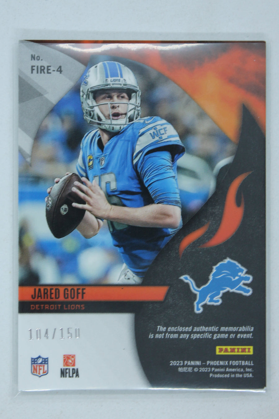 Jared Goff 2023 Panini Phoenix - Fire Fabrics - #FIRE 4 Card #104/150
