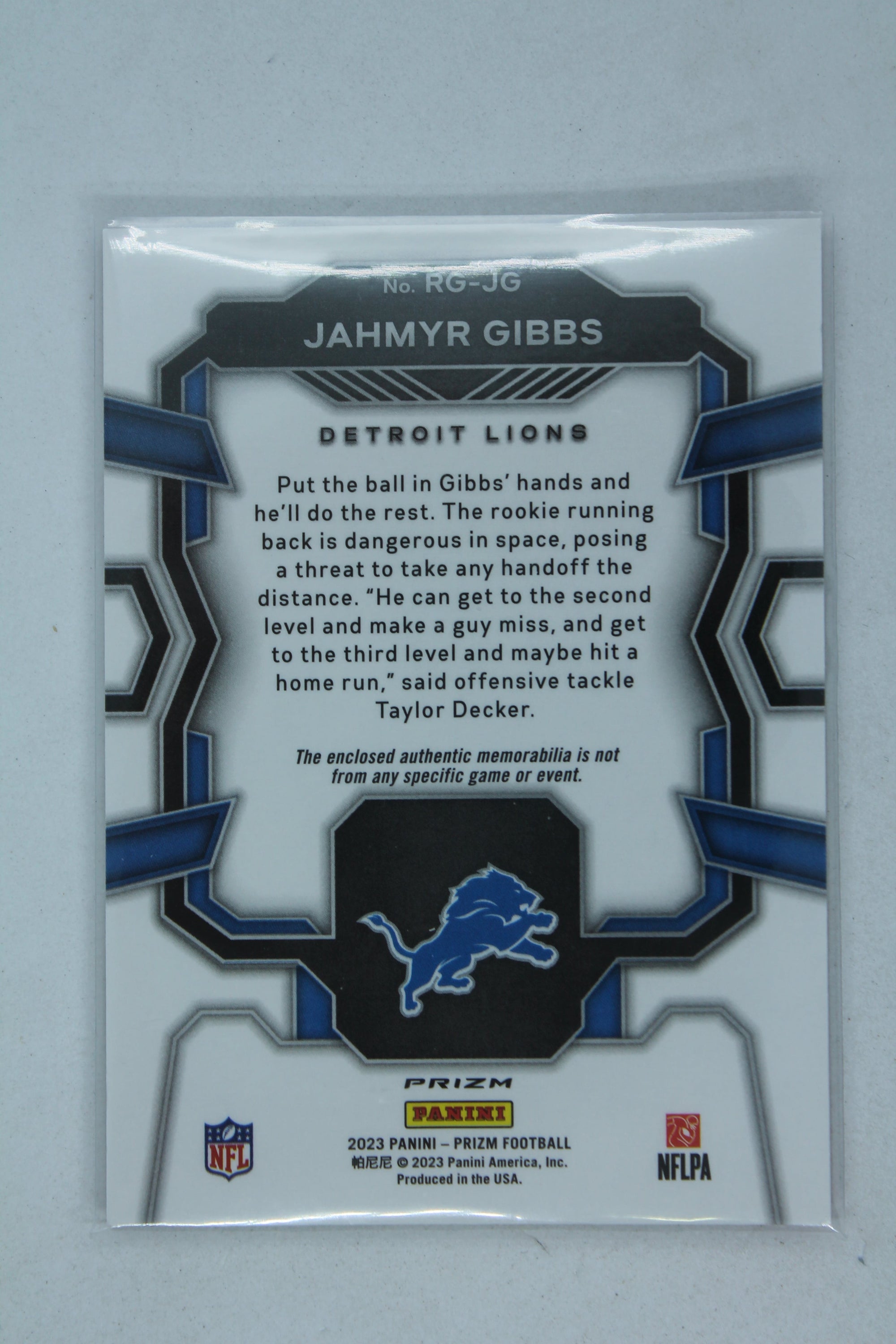 Jahmyr Gibbs 2023 Panini Prizm - Rookie Gear - Pink Prizm Rookie Year Card