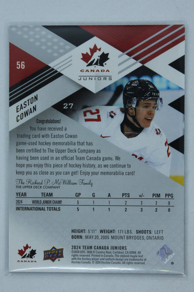 Easton Cowan 2024 Upper Deck Team Canada Juniors PRC (Red) Jersey Card