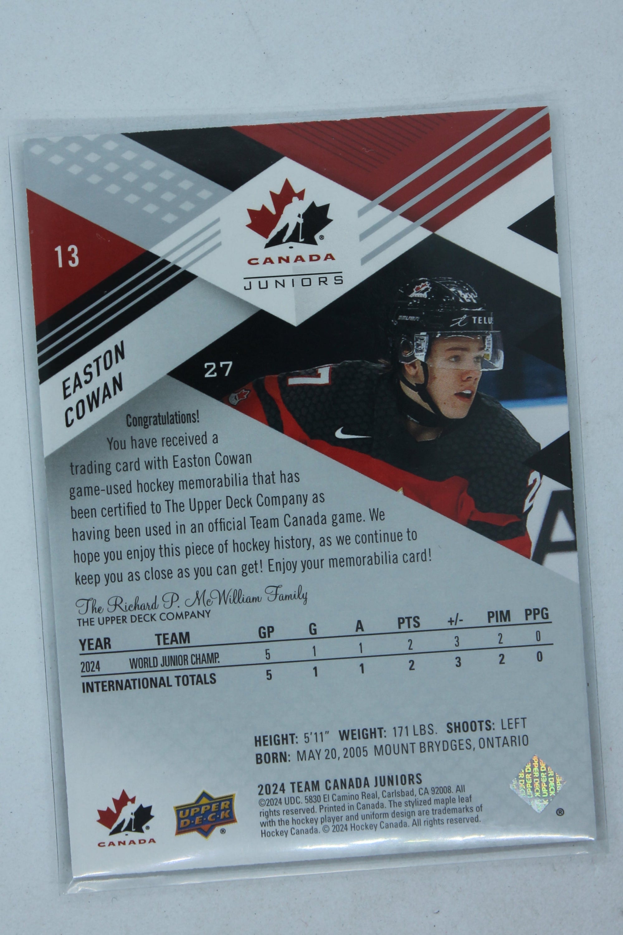 Easton Cowan 2024 Upper Deck Team Canada Juniors PRC (Black) Jersey Card