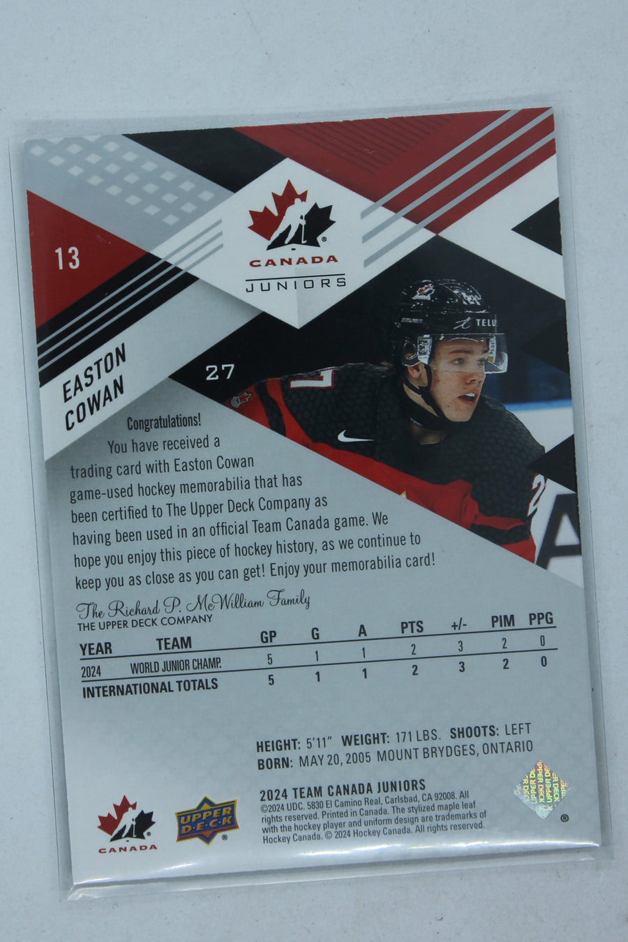 Easton Cowan 2024 Upper Deck Team Canada Juniors PRC (Black) Jersey Card