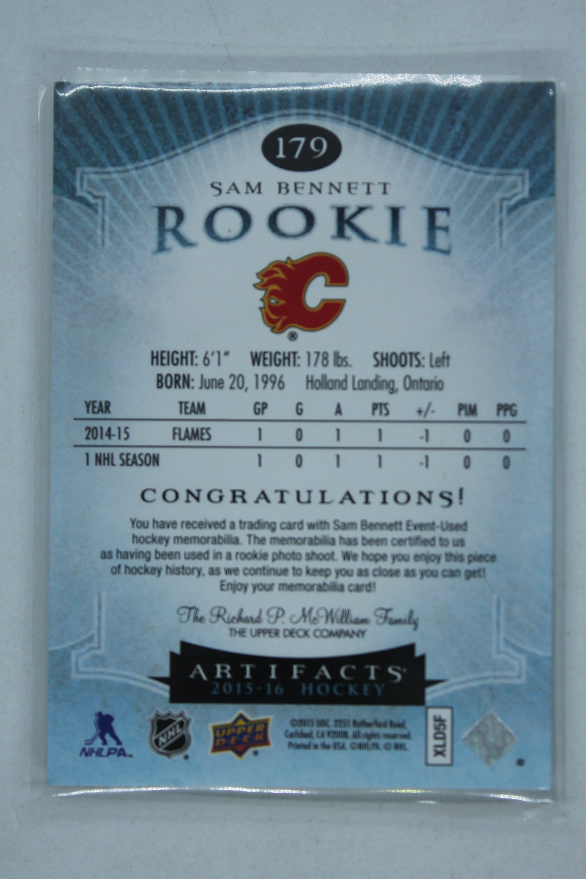 Sam Bennett 2015-16 Upper Artifacts - Emerald Jersey/Patch Rookie Card #147/199