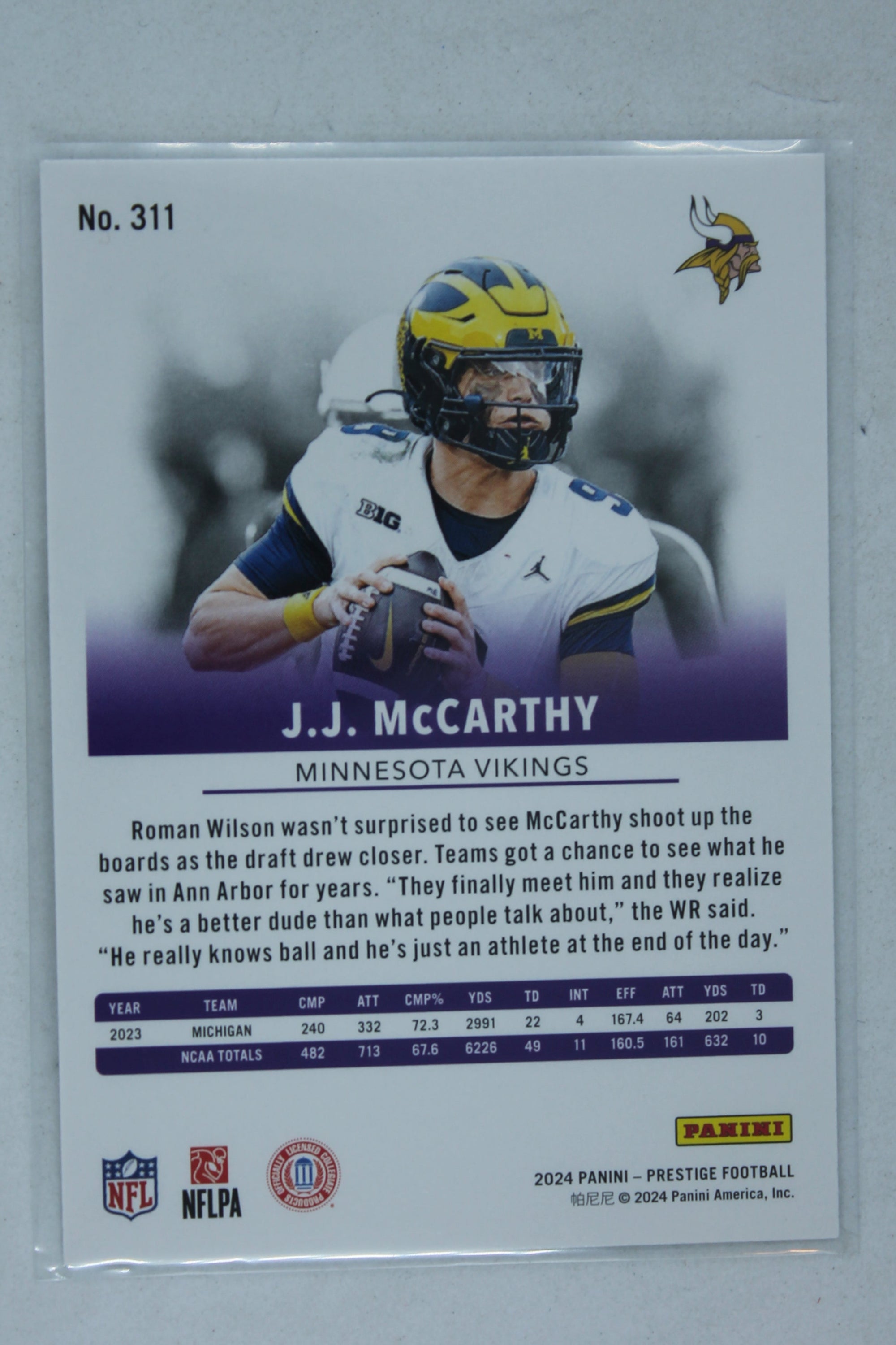 J.J. McCarthy 2024 Panini Prestige Rookies -  Rookie Card