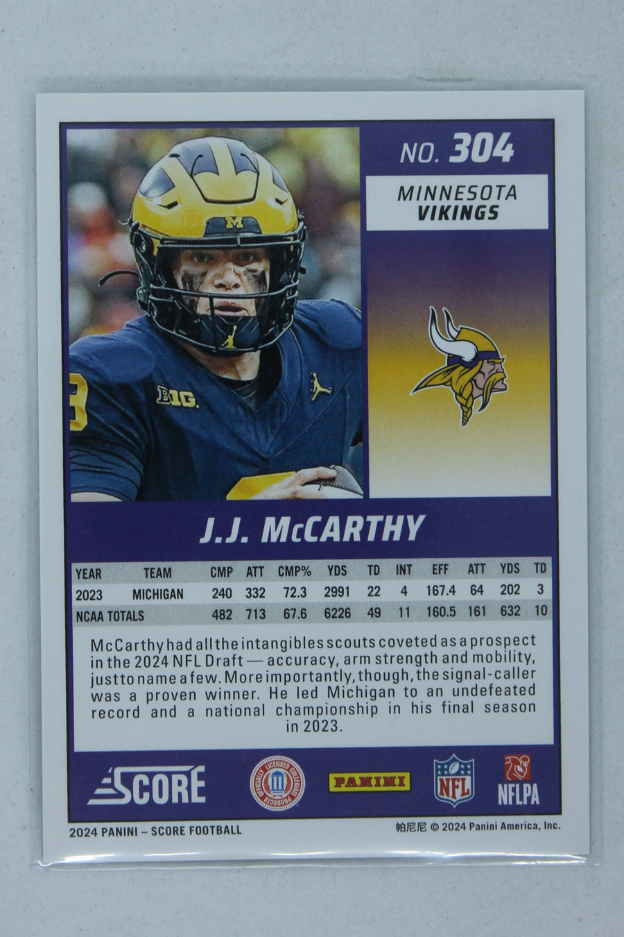 J.J. McCarthy 2024 Score Green Rookies -  Rookie Card