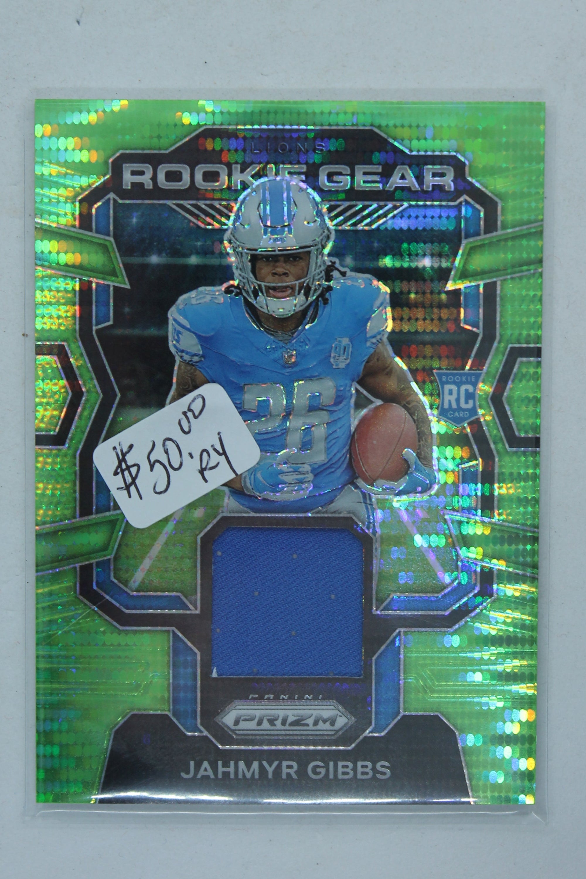 Jahmyr Gibbs 2023 Panini Prizm - Rookie Gear - Neon Green Pulsar Prizm Rookie Year Card (Copy)